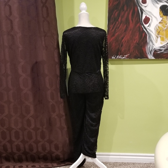 Plunging Neckline Sheer Lace Jumpsuit With Black And Silver Heart Shaped Pastie - Picture 3 of 5